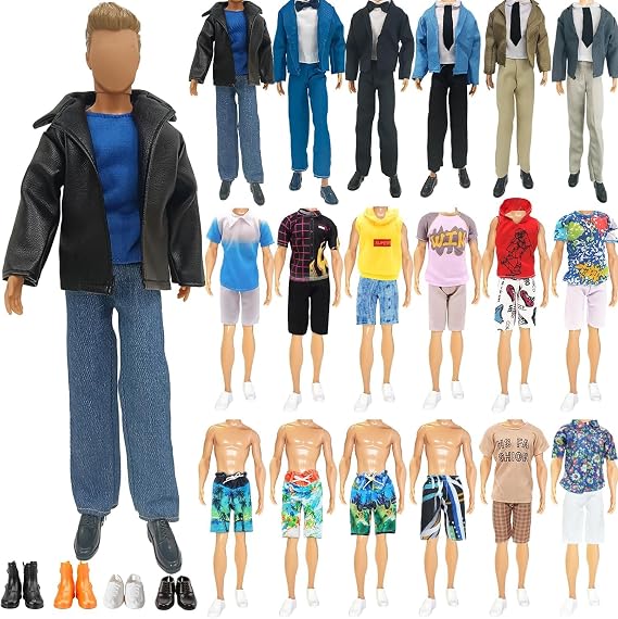 Pack of 10 Clothing and Accessories Compatible with Ken 12 Inch Dolls Includes 1 Jacket Set 1 Suit 2 Short Tops and Trousers 2 Swimming Trunks 4 Pairs of Shoes in Random Selection Girls