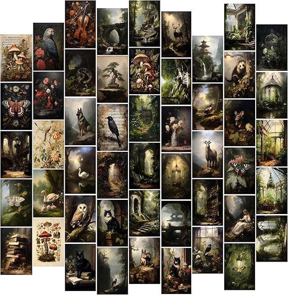 TWNSLLA Dark Cottagecore Decor,Cottagecore Wall Decor Dark Academia Aesthetic Pictures,Moody Forest Mushroom Wall Art,Grunge Wall Collage Kit,Vintage Nature Posters Animal Pictures for Bedroom