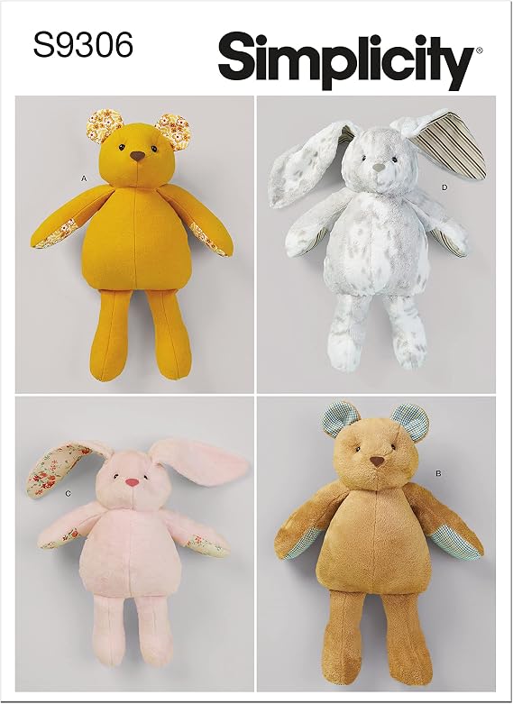 Simplicity S9306 Plush Bears & Bunnies Sewing Pattern, Stuffed Animal Toys in Two Sizes, One Size