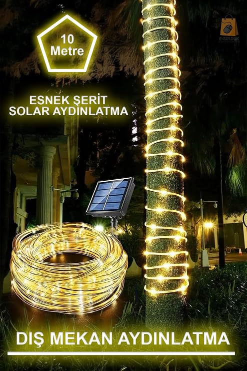 Solar Güneş Enerjili Esnek Flexible Şerit Hortum Bahçe Aydınlatma-10 Metre Sarı Günışığı Aydınlatma [Enerji Sınıfı A]