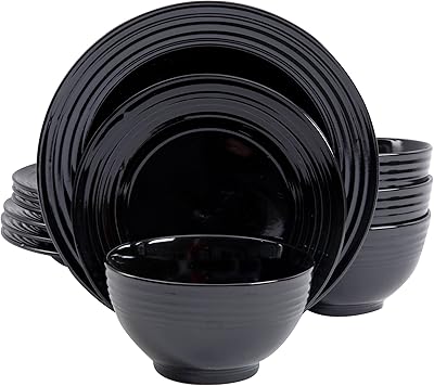 Gibson Home 12 Piece Plaza Cafe Round Dinnerware Set with Embossed Stoneware, Black