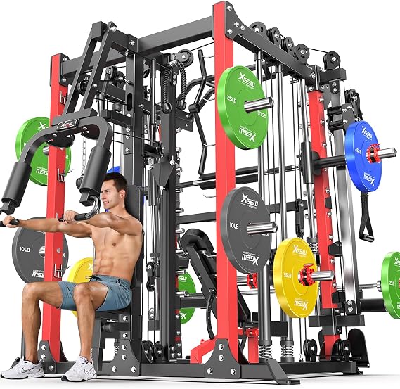 Smith Machine,Multi-Function Squat Rack Power Cage with Cable Crossover System,with Optional Weight Bench, Olympic Barbell Weight Set, for Home Gym