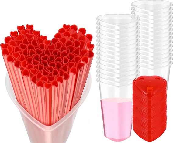 Potchen 60 Sets Heart Shaped Plastic Cups with Straws 16 oz, Red