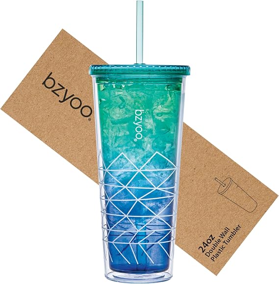 bzyoo 24oz Plastic Tumbler Cup, Lid & Straw, Iced Coffee, Spidy Blue