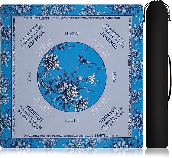 Blue Mahjong Mat with Rules and Black Storage Bag Anti-Slip Noise-Reducing Mahjong Mat for Table Playing Board Games Tile Games (Aqua Blue)