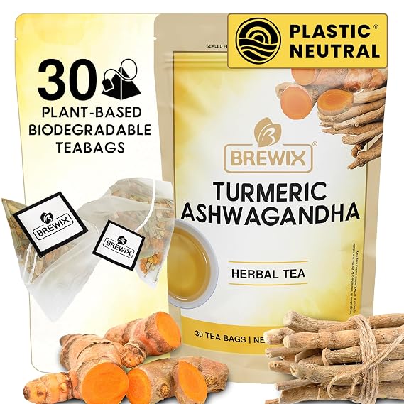 BREWIX, Turmeric Tea with Ashwagandha & Black Pepper (30 Plant-Based Tea Bags) | Caffeine-Free Herbal Tea