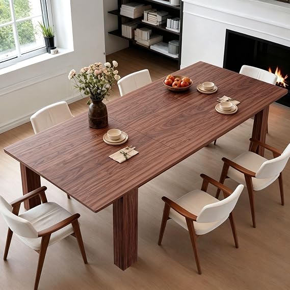 55"- 86" Rectangular Extendable Dining Table, Modern Expandable Kitchen Table with Hidden Leaf, Space Saving Dining Table for 6-8 People, Brown