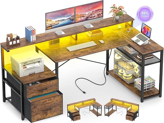 Aheaplus L Shaped Desk with File Drawer, Reversible L Shaped Computer Desk Gaming Desk with Power Outlet & LED Strip, Home Office Desk Corner Desk with Monitor Shelf, Storage Shelves, Rustic Brown