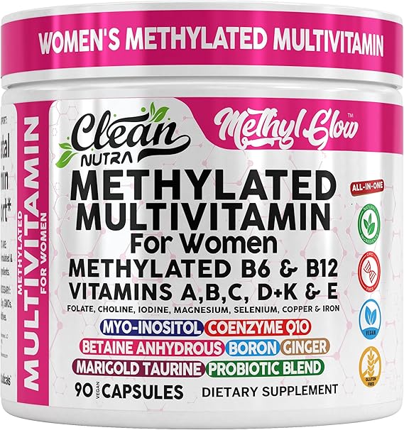 Methylated Multivitamin for Women Vitamins B6 Methyl B12 A B C D K E Folate Choline Omega 3 Thiamine Riboflavin Iron Iodine Magnesium Zinc Selenium Copper Calcium 90 Capsules by Clean Nutra
