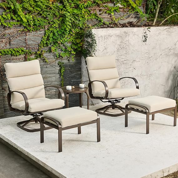 Patio Furniture Set, 5 Pieces Outdoor Swivel Rocker with Ottoman, High Back, Deep Seating with 5" Olefin Cushion, Patio Rocking Chairs for Porch, Backyard (Beige)