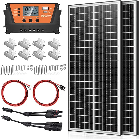 Bifacial 100W Solar Panel Kit with 10A PWM Charge Controller, Cables, Connectors & Mounting Brackets for RV, Boat, Marine, Home, Outdoor Off-Grid Solar System (200W Kit)