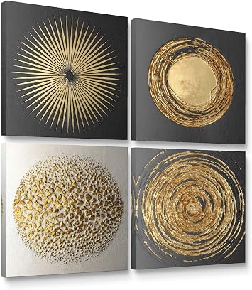 Niwo ART - Golden Abstract, 4-Piece Abstract Wall Canvas, Contemporary Modern Home Decor, Gallery Wrapped, Stretched, Framed Ready to Hang (20"x20"x1.5")