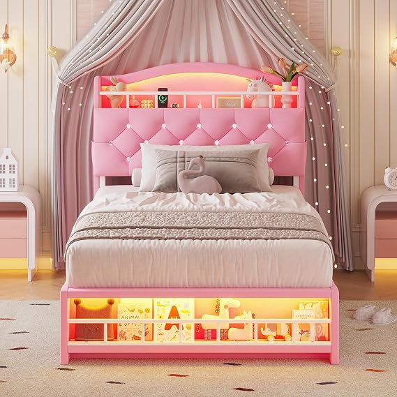 HAUOMS Twin Size Bed Frame with LED Lights,Pink | Princess Velvet Upholstered Platform Bed for Girls,Headboard with Charging Station & Crystal Button