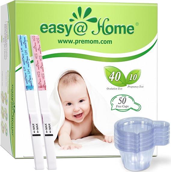 Ovulation & Pregnancy Test Strips Kit: Easy@Home 40 Ovulation Test Strips and 10 Pregnancy Tests, Precise Fertility Tracker OPK Powered by Premom Ovulation APP | 40LH + 10HCG + 50 Urine Cups