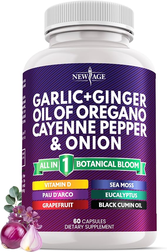 NEW AGE Garlic + Ginger Supplement - Oil of Oregano, Cayenne Pepper, Soursop, Black Cumin, Sea Moss, Black Pepper - Black Seed Cleanse - 60 Count