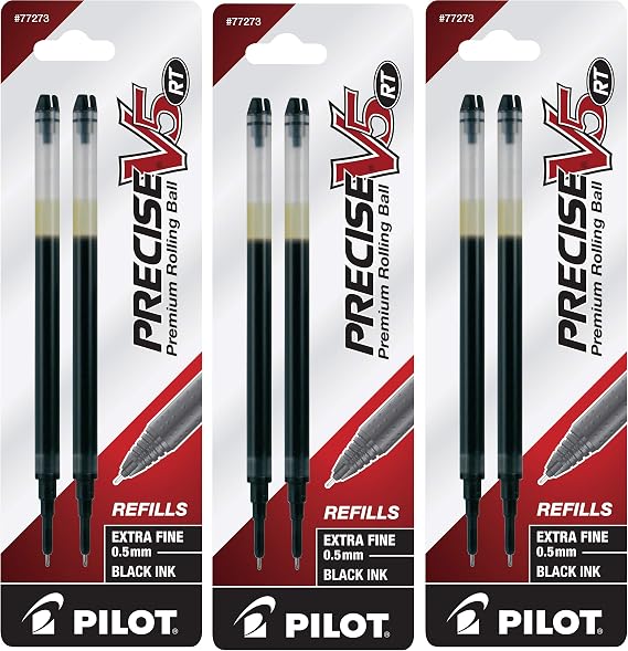Pilot, Precise V5 RT Liquid Ink Refills, Extra Fine Point 0.5 mm, Black, Pack of 6