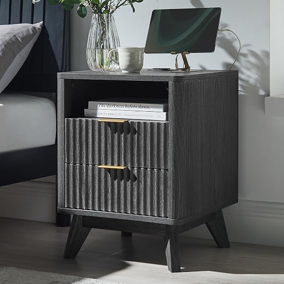 T4TREAM 18" Fluted Nightstand with 2 Drawers, Dark Alder | Charging Station, Open Cubby, Mid Century Modern, Curved Profile, Metal Handles, Smooth Slides, Cable Cutout, Living Room