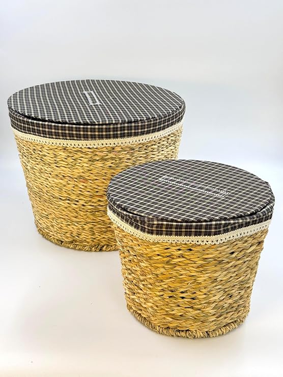 Orret Home 3-Piece Wicker Saddle Set with Lid – Laundry and Toy Basket, Dirty Laundry Basket, Natural Wicker Storage Box, Hand Knitted Decorative Box, Clothing, Towels and Household Items (2 Li Set)