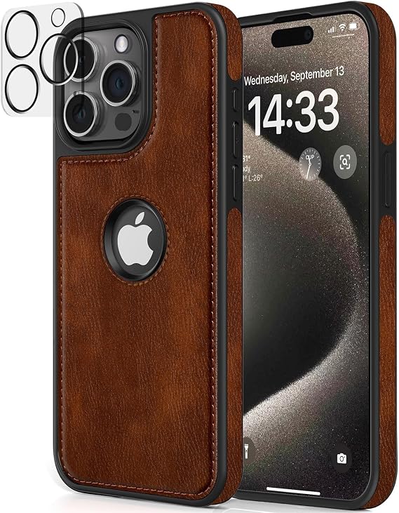 LOHASIC for iPhone 15 Pro Max Case, Classic Leather Back Cover, Dark Brown | Logo Visible, Rugged Full Body Protective, Camera Protector, Support Wireless Charging, Scratch Resistant