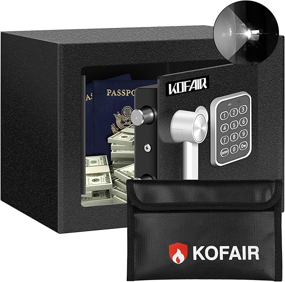 KOFAIR Safe Box for Home Safe (0.23 Cubic Feet) with Fireproof Bag, Personal Money Safe for Cash Saving, Mini Safe Box with Key, Digital Safety Box with Light, Money Lock Box