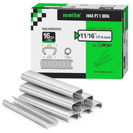 meite Hog Rings, 16 Gauge 11/16" Crown P7 Galvanized Hog Ring Staples for Fabric, Fence/Case, Wreaths/Ornments, Bag Closing, Net Binding (2,500 Counts)