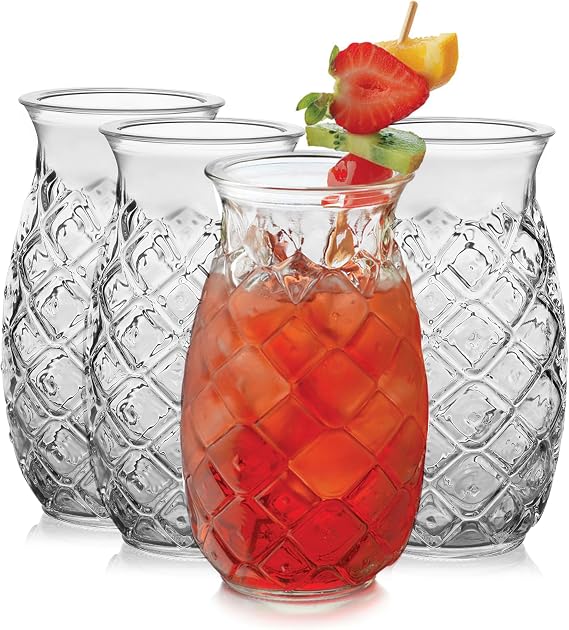 Libbey Tiki Pineapple Glasses Set of 4, Tropical, Textured 17 Ounce Tiki Glasses for Cocktails, Fun Mixed Drink Pineapple Cups for Luau, Summer Parties