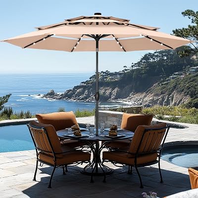 GREEN PARTY 10ft Outdoor Patio Umbrella, Auto-Tilt Market Table Umbrellas with Crank, 8 Sturdy Ribs & 1.5 Pole UV Protection for Garden Deck Backyard Pool