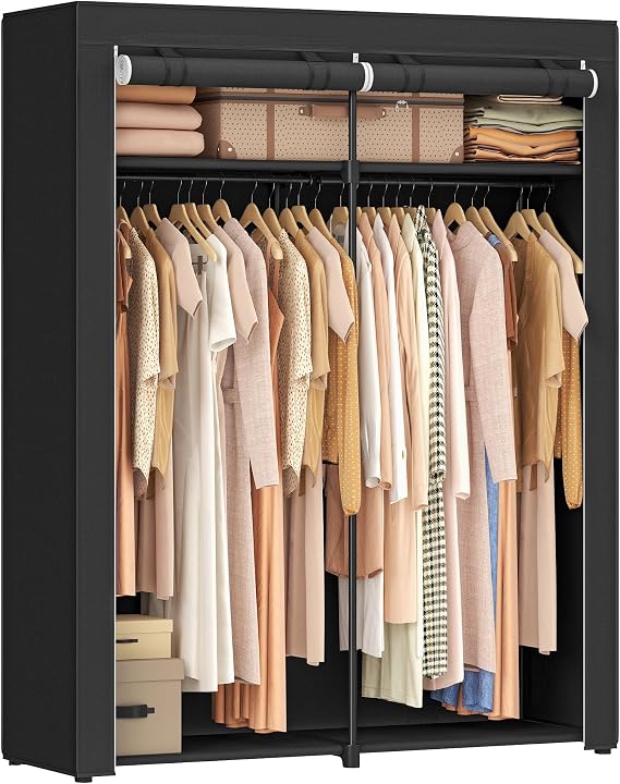 SONGMICS Wardrobe, Clothes Storage for Bedroom with 2 Rails, Fabric Portable Wardrobe, Collapsible, Rack, for Closet, 43 x 140 x 174 cm, Black RYG02BK, VA-RYG02BK