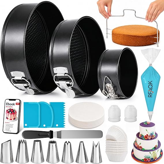 RFAQK 100pcs Cake Pan Sets for Baking + Cake Decorating Supplies: 3 Non-Stick Springform Pans Set (4, 7, 9 inches), Icing Tips, Cake Leveler Multi-functional Leak-Proof CheeseCake Pan & eBook