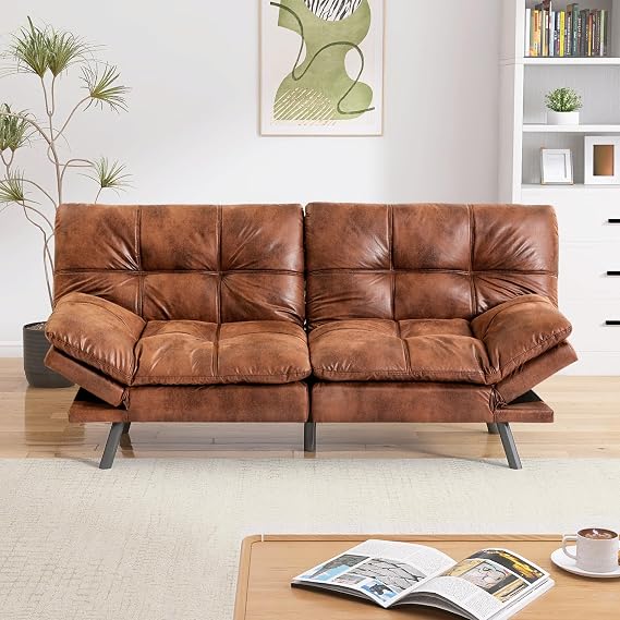 71" Convertible Futon Sofa,Faux Leather Futon Couch Bed,Sleeper Sofa Bed,Memory Foam Modern Folding Small Loveseat for Living Room,Office,Apartment,Classic Brown
