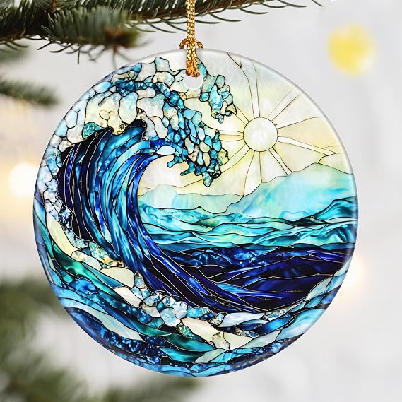 Christmas Ornaments, Dodosky 2.8in Ceramic Ocean Waves Ornament, Xmas Decor, Christmas Tree Ornaments, Xmas Decorations for Tree, Holiday Ornament, Beach Lover Gift, Gifts for Friends Family