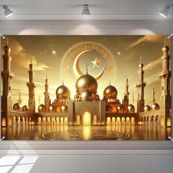 BlissYard Ramadan Backdrop Banner 71x43 Inch Eid Mubarak Mosque Decoration with Crescent Moon Islamic Dome Architecture Gold Wall Art for Ramadan Kareem Muslim Festival Party Indoor Outdoor Display