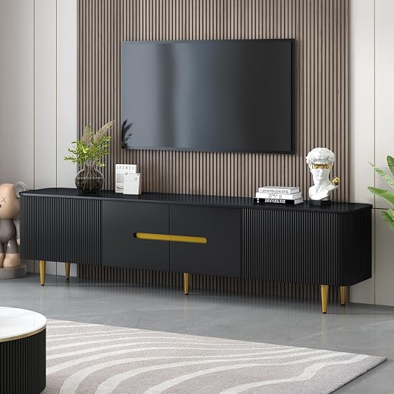 JIVOIT Modern TV Stand with 4 Spacious Cabinets, 78.7''Minimalist TV Stand for TVs up to 85 Inches, Wood Entertainment Center Media Console for Living Room (Black/14)