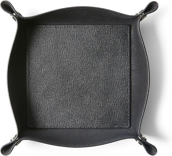 Leatherology Premium Black Modern Unlined Valet Tray Leather Catchall with Snap Construction, Lays Flat for Travel Sleek Desk Organizer for Keys, Wallet & Accessories