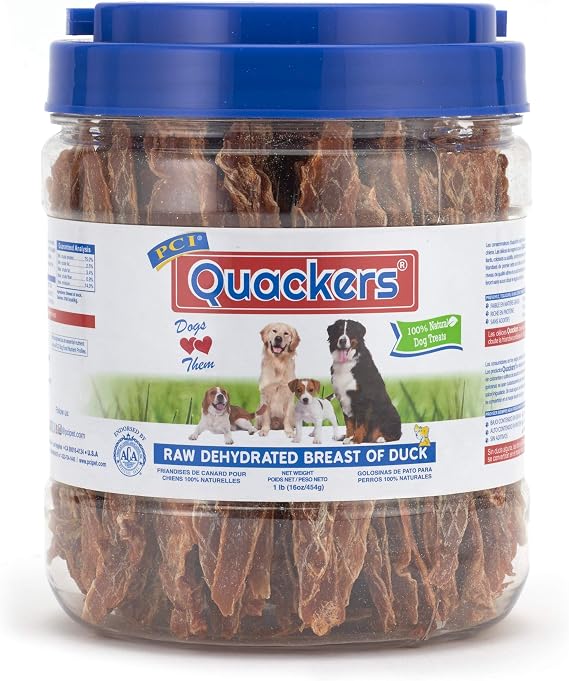 PCI Pet Center Inc. Quackers Raw Dehydrated Duck Breast Dog Treats, 1 Pound Container
