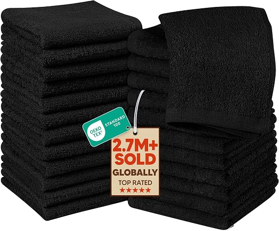 Utopia Towels 24 Pack Washcloths, 12x12 in, 100% Cotton, Black