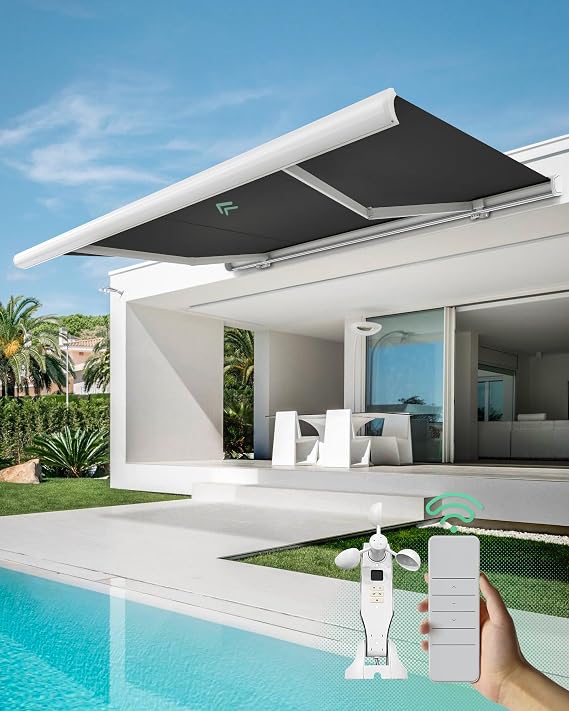 Yoolax 12'x8.2' Solar Motorized Retractable Patio Awnings with Wind Sensor | Smart Electric Awning for Outdoor Decks, Full Cassette, Remote Control, Waterproof, Fully Assembled for Easy Install, Black