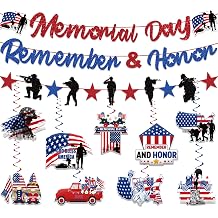 Memorial Day Decorations Banner and Hanging Swirls, No-DIY Memorial Day Remember and Honor Banner Set Glitter Blue Red and White Patriotic Decorations for Office Indoor Outdoor Party Supplies