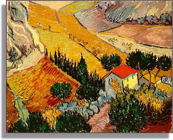 Vincent Van Gogh Canvas Wall Art -Landscape With House And Ploughman -Impressionist Art oil Painting-Rural Harvest Landscape Picture-Cool Home Decor for Studio Hallway Living- Unframed/12x16in/30x40cm