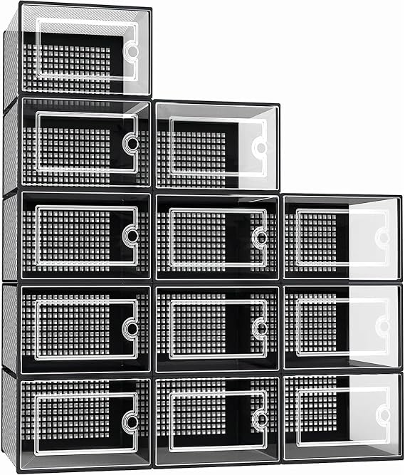 Greenfields 12 Pack Transparent Clear Hard Plastic Stackable Shoe Box Organiser - DIY, Craft Bins, Organisers, Containers, Sturdy and Durable Space Saving, Ventilated with Box Lids (Black)