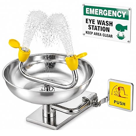 304 Stainless Steel Eye Wash Station, Wall-Mounted Emergency Eye Washer, First Aid for Eyewash & Eye Irrigation Sign