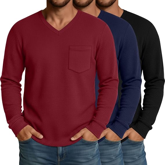 Neer 3 Pack Mens Big and Tall Waffle Shirts Long Sleeve V Neck Pullover Underwear Tops Basic Undershirts with Pocket