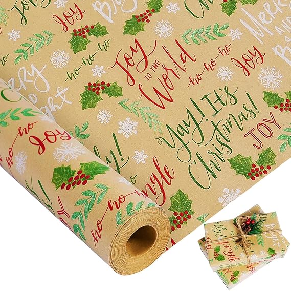 Christmas Wrapping Paper Roll, Vintage Kraft Wrapping Paper Roll, 17 Inch x 49 Feet, Snowflake/ Leaves/ Holly Berries Patterns Xmas Wrapping Paper for Christmas, New Year, Winter Holiday (69.4 sq.ft.ttl)