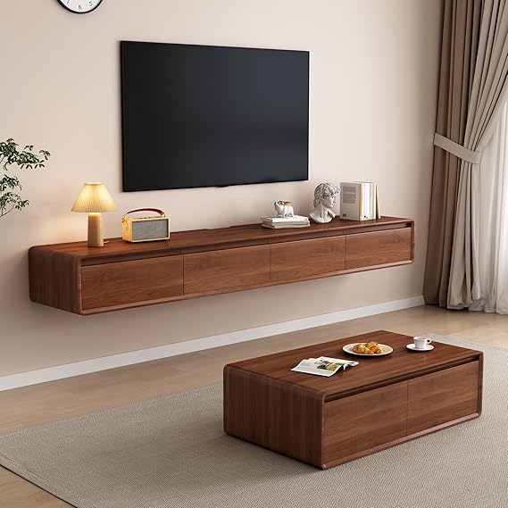 Floating TV Unit - Wall Mounted Media Console with 2 Flip-Down Doors & 2 Drawers Entertainment Center TV Cabinet, Video Shelf for Home Room (Walnut, 200CM)