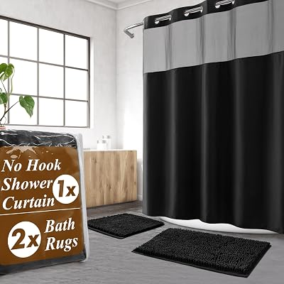 Barossa Design 3 Pcs No Hook Black Shower Curtain Set with Chenille Bath Rugs - 71 x 74 Shower Curtain with Snap-in Fabric Liner & Non-Slip Water Absorbent Bathroom Mats Set Accessories