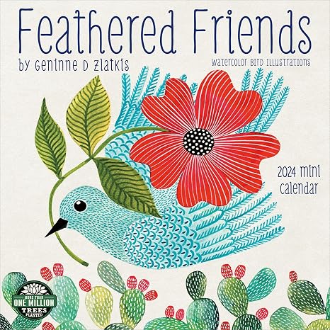 Feathered Friends 2024 Mini Wall Calendar: Watercolor Bird Illustrations by Geninne Zlatkis | Compact 7" x 14" Open | Amber Lotus Publishing