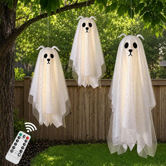 Halloween Decorations Outdoor, 3 Pack Lighted Dog Ghost Hanging Decor