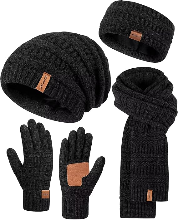Womens Winter Beanie Hat Scarf Gloves Headband Set, Slouchy Beanie Ear Warmer Knit Scarf Touchscreen Gloves Warm 4 Gift Set