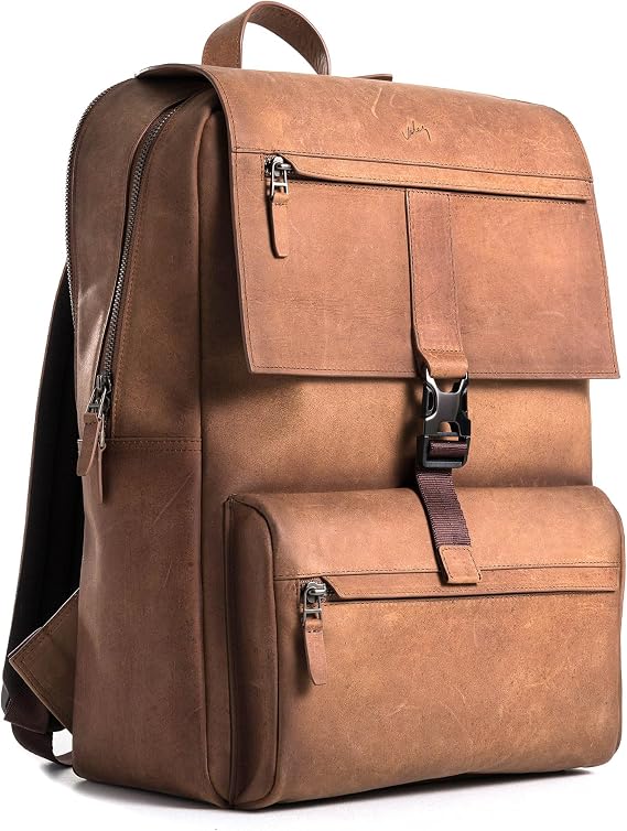 Leather Backpack for Men & Women, Classic Brown - Handcrafted Top Grain Leather Backpack with 17-Inch Laptop Sleeve - Lightweight, Stylish & Durable for Business, Travel & Work - 33cm x 16cm x 40cm