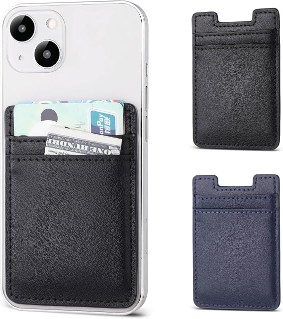 Phone Wallet Stick on,2Pack Card Holder for Back of Phone Case, Leather Credit Card Holder for Cell Phone Sticky Wallet RFID Double Pocket Sticker for iPhone,Android,Samsung-Black,Navy Blue